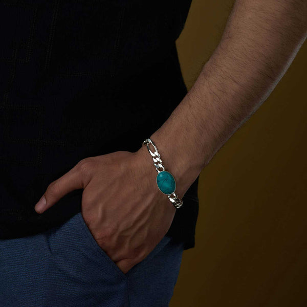 925 Sterling Silver Figaro Chain Turquoise Stone Fancy Salman Khan Bracelet for Men