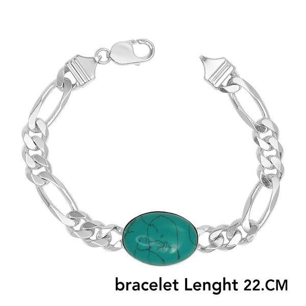 925 Sterling Silver Figaro Chain Turquoise Stone Fancy Salman Khan Bracelet for Men