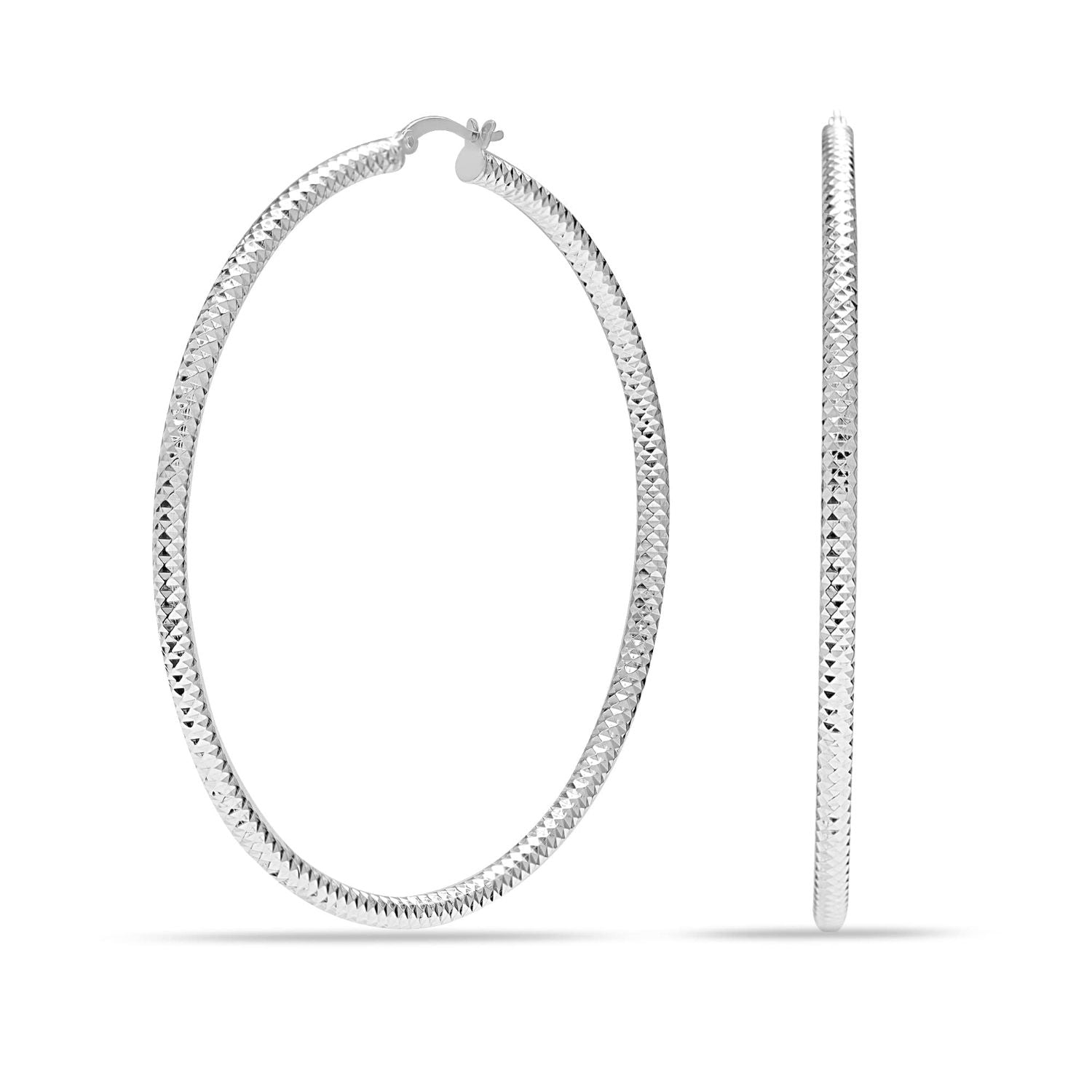 925 Sterling Silver Large Diamond-Cut Classic Italian Design Hoop Earrings for Women 70MM