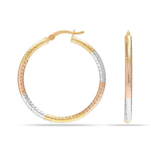 925 Sterling Silver Jewellery Three-Tone Textured Round Light-Weight Hoop Earrings for Women 35mm