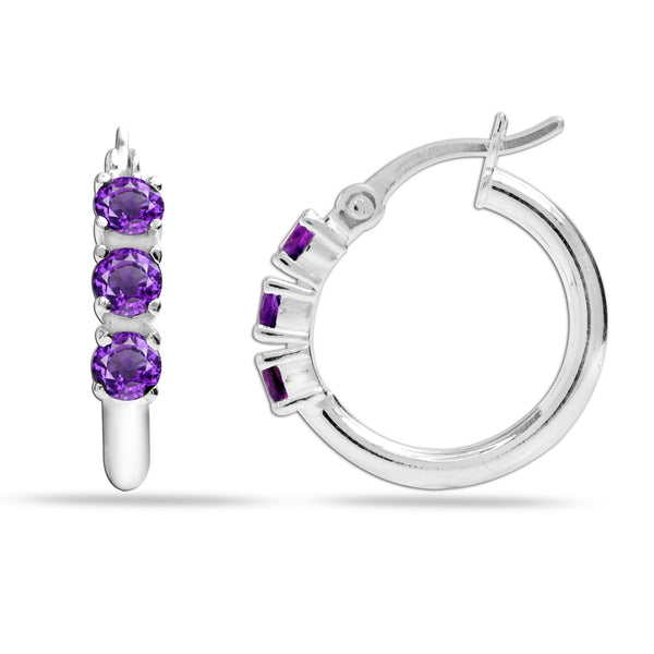 925 Sterling Silver Hoop Earrings for Teen Women and Girls (3 MM Amethyst Round)