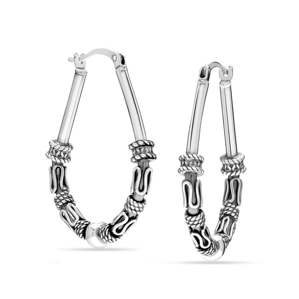 925 Sterling Silver Antique Vintage Balinese Art Inspired Boho Tribal Oval Shape Hoop Earrings for Women