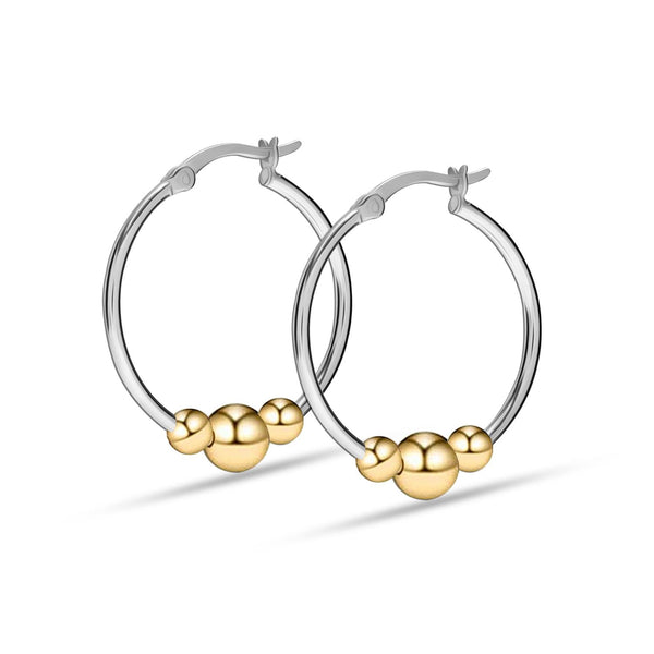 925 Sterling Silver 14K Gold-Plated Light-Weight Round Two-Tone Bead Ball Hoop Earrings for Women