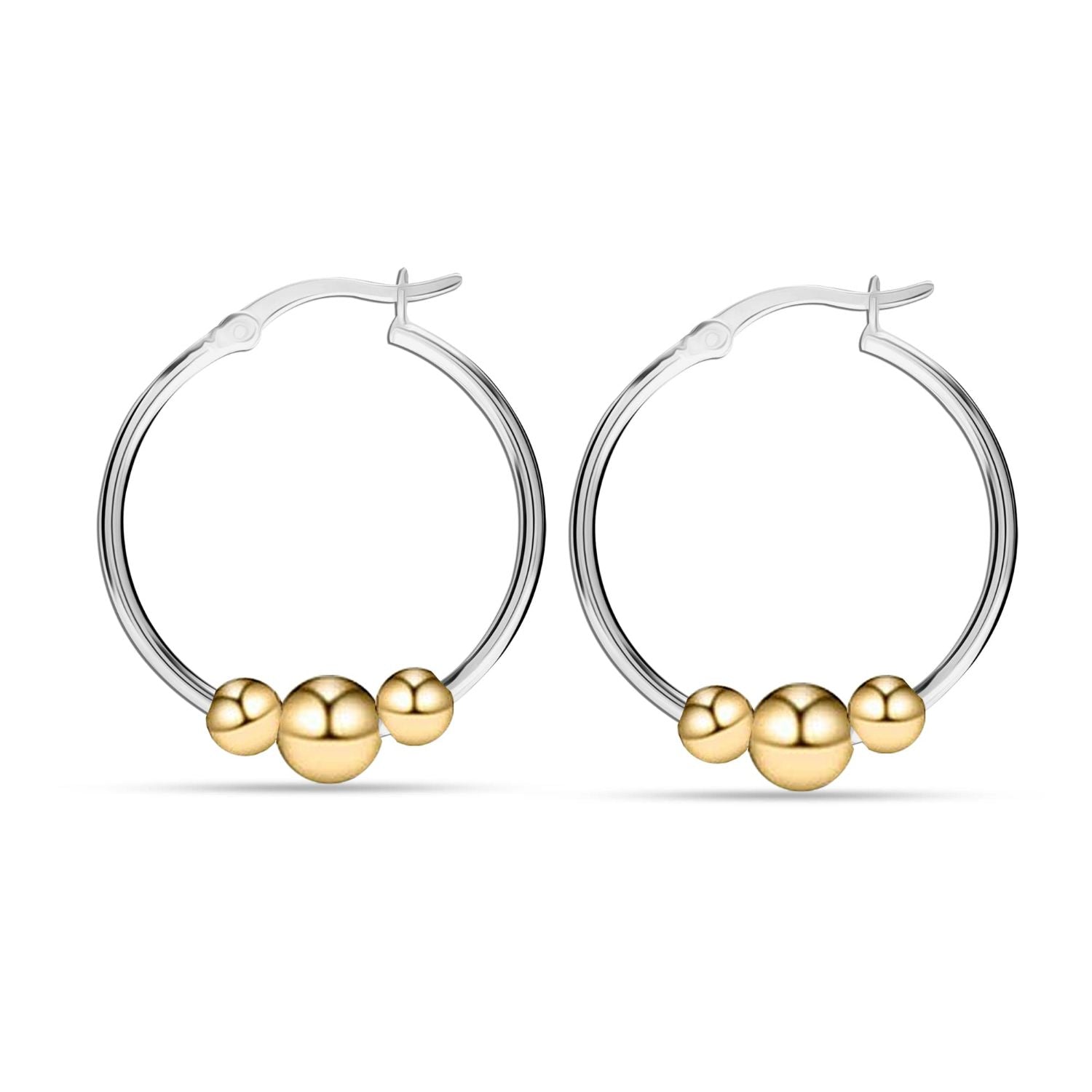 925 Sterling Silver 14K Gold-Plated Light-Weight Round Two-Tone Bead Ball Hoop Earrings for Women