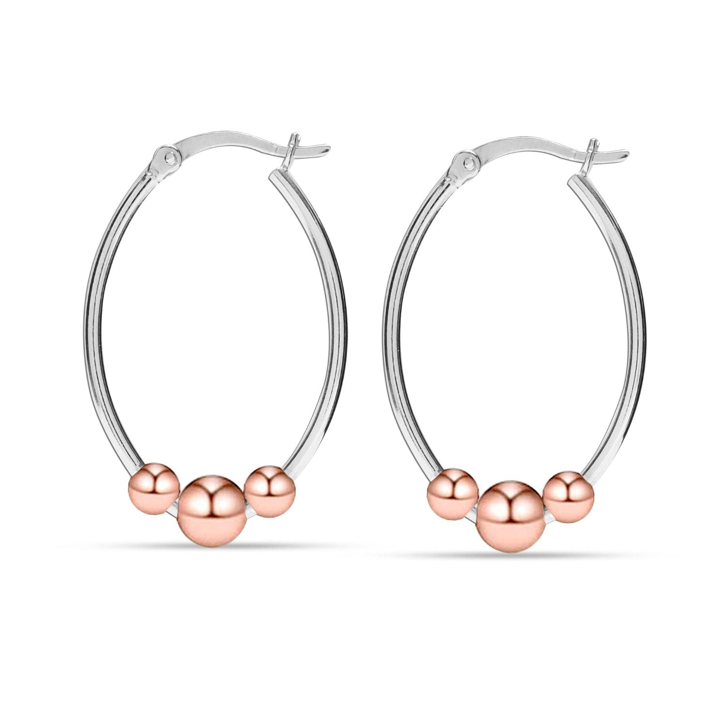 925 Sterling Silver 14K Rose-Gold Plated Light-Weight Oval Two-Tone Bead Ball Hoop Earrings for Women