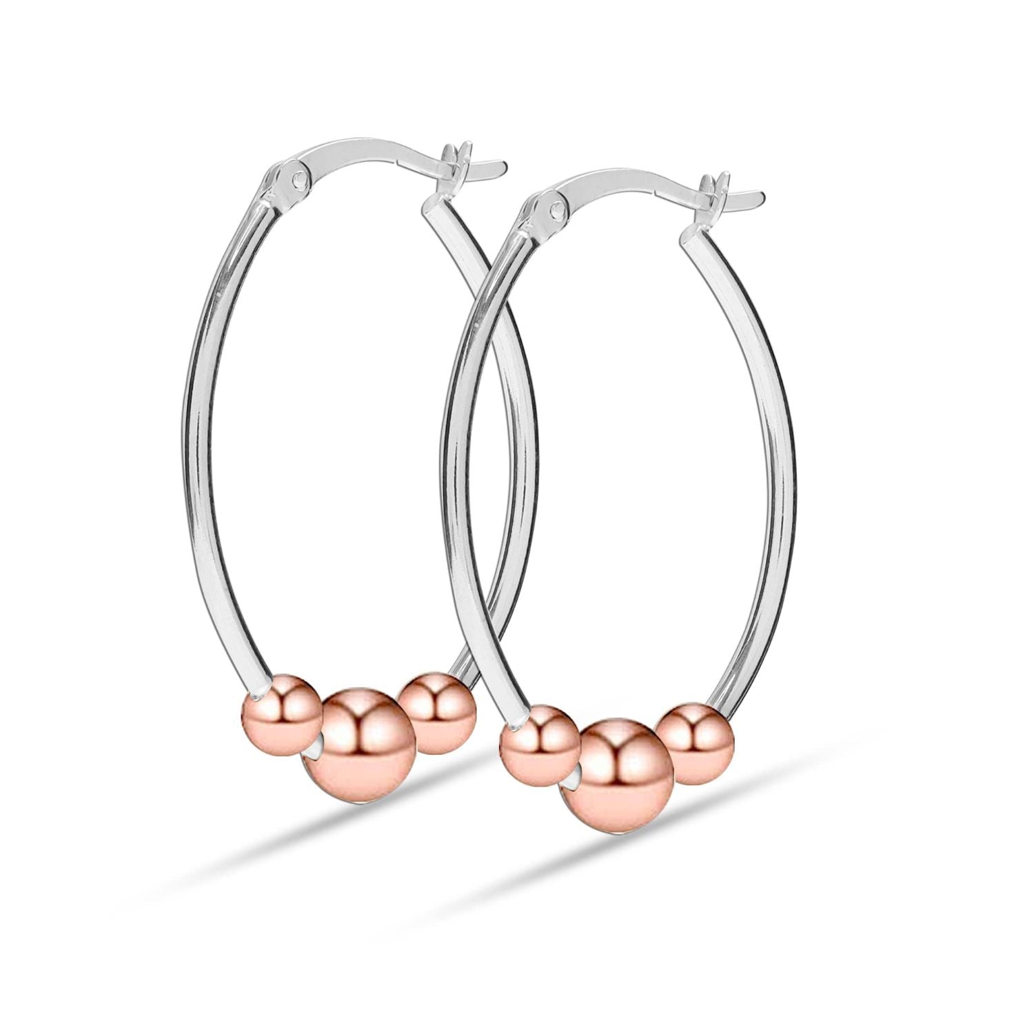 925 Sterling Silver 14K Rose-Gold Plated Light-Weight Oval Two-Tone Bead Ball Hoop Earrings for Women