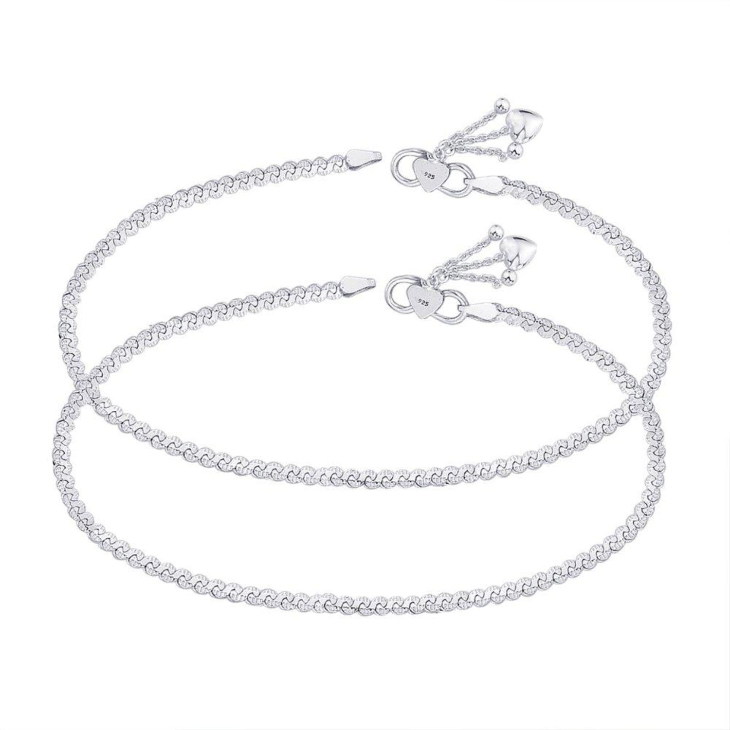 925 Sterling Silver Hanging Heart with Bells Modern Floral Anklet for Women