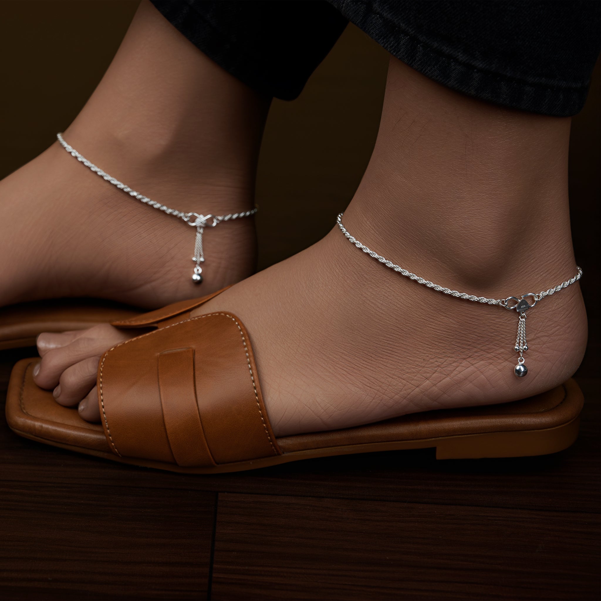 925 Sterling Silver Hanging Charm Payal Anklets for Women