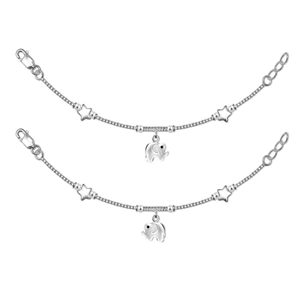 925 Sterling Silver Star & Elephant Cute Modern Anklets for Kids 4 to 8 Year Girls