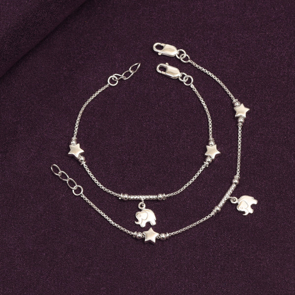 925 Sterling Silver Star & Elephant Cute Modern Anklets for Kids 4 to 8 Year Girls