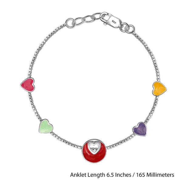 925 Sterling Silver Enameled Heart Shaped Modern Anklets for Kids 4 to 8 Year Girls