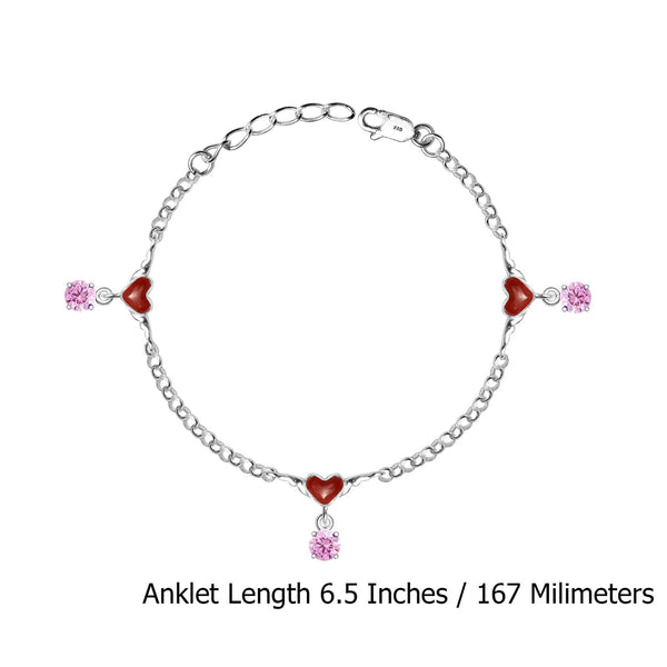 925 Sterling Silver Enameled Heart Shaped Modern Anklets for Kids 4 to 8 Year Girls