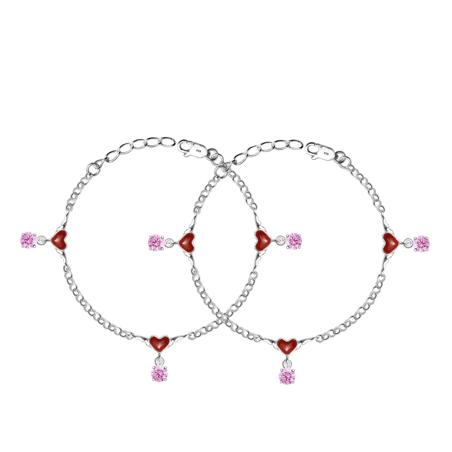 925 Sterling Silver Enameled Heart Shaped Modern Anklets for Kids 4 to 8 Year Girls