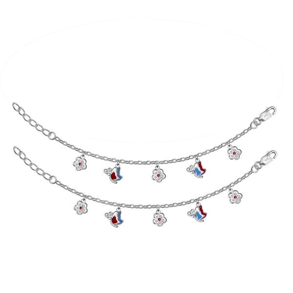 925 Sterling Silver Enameled Butterfly and Flower Shaped Modern Anklets for Kids 4 to 8 Year Girls