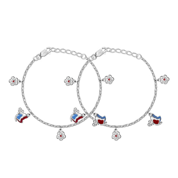 925 Sterling Silver Enameled Butterfly and Flower Shaped Modern Anklets for Kids 4 to 8 Year Girls