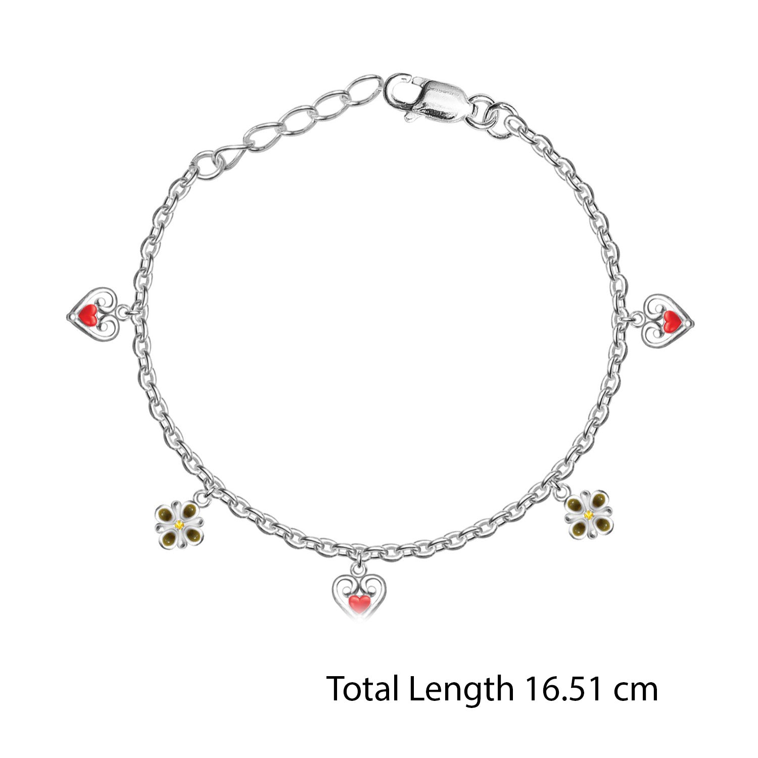 925 Sterling Silver Enameled Heart and Flower Shaped Modern Anklets for Kids 4 to 8 Year Girls