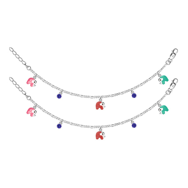 925 Sterling Silver Enameled Elephant Shape Modern Anklets for Kids 4 to 8 Year Girls