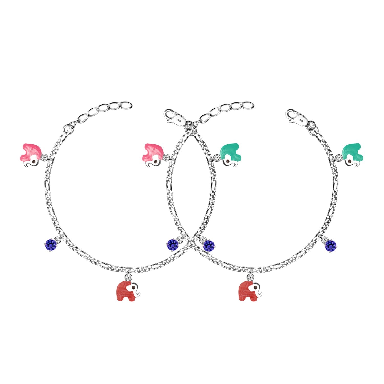 925 Sterling Silver Enameled Elephant Shape Modern Anklets for Kids 4 to 8 Year Girls