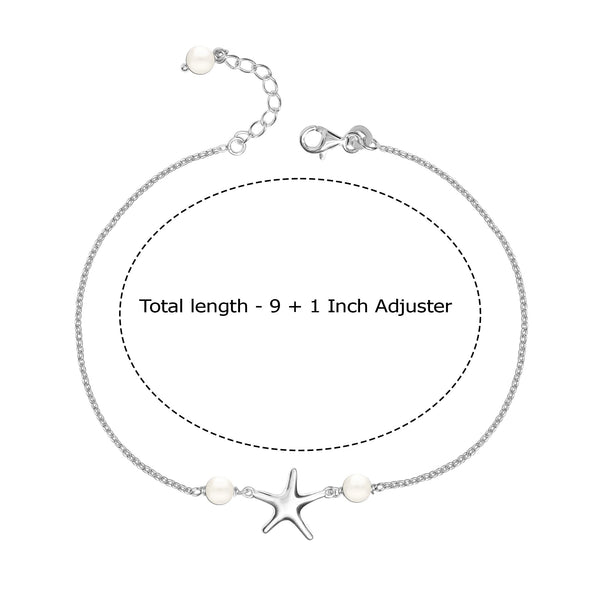 925 Sterling Silver Starfish Pearl Sea Adjustable Anklet for Teen Women 1 PC