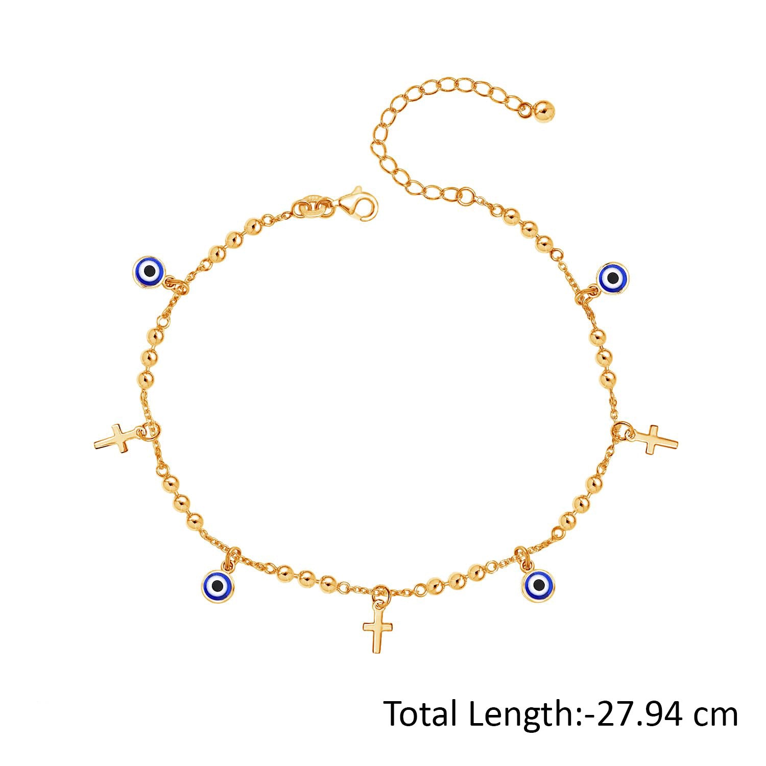 925 Sterling Silver 14K Gold-Plated Evil Eye & Cross Charm Round Bead Ball Chain Anklets for Women 1 Pc