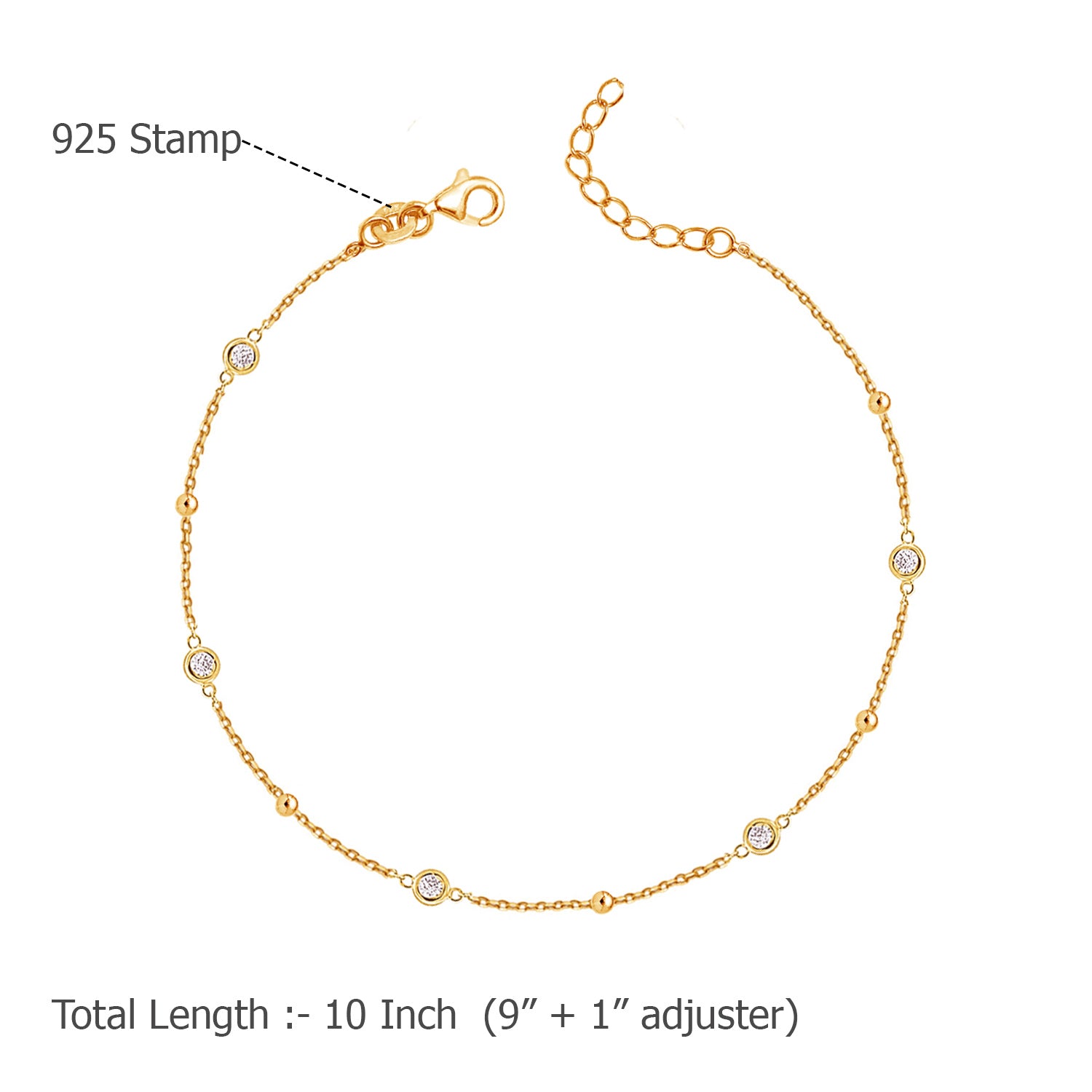 925 Sterling Silver 14K Gold Plated Cubic Zirconia Link Chain Station Anklet for Women