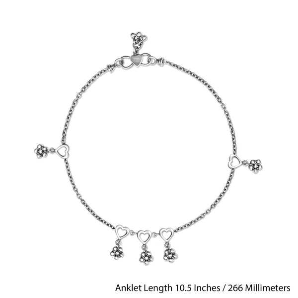 925 Sterling Silver Designer Oxidized Heart Anklets for Women And Girls ; 10.5 Inches