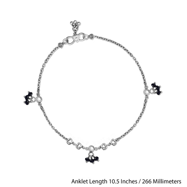 925 Sterling Silver Diamond Cut Black Bead Anklets for Women