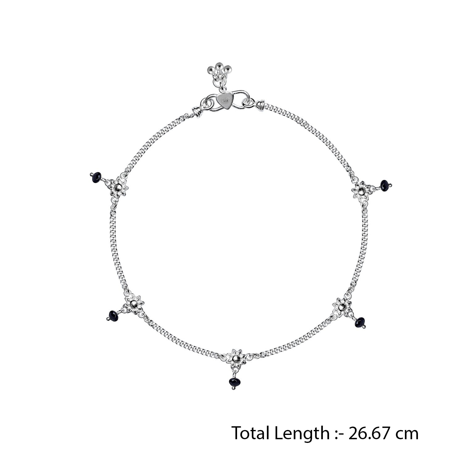 925 Sterling Silver Modern Black Bead Flower Anklets for Women And Girls ; 10.5 Inches