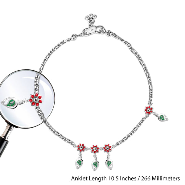 925 Sterling Silver Modern Flower Style Enamel Anklets for Women and Girls