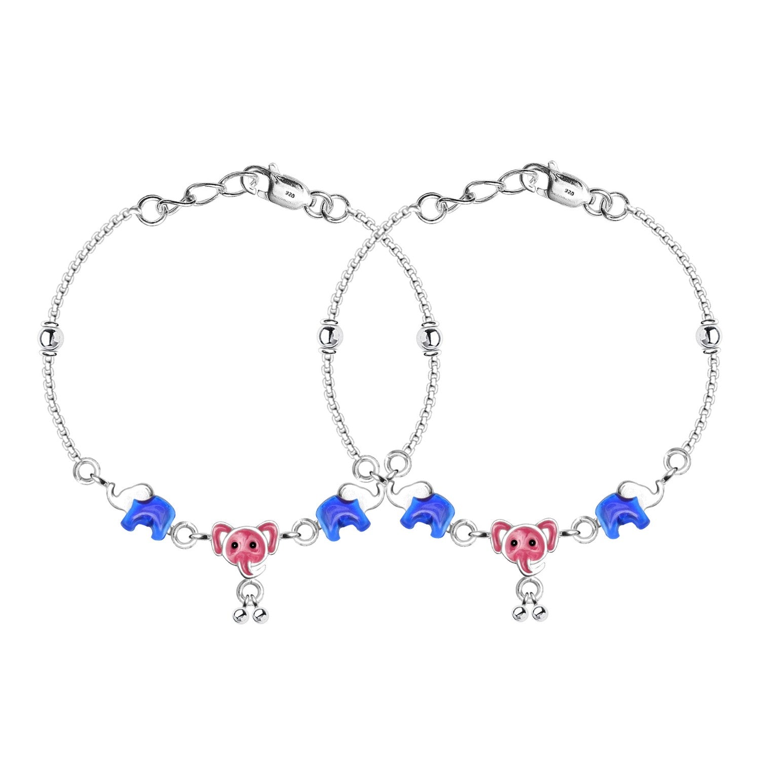 925 Sterling Silver Enameled Elephant Shape Modern Anklets for Kids 4 to 8 Year Girls