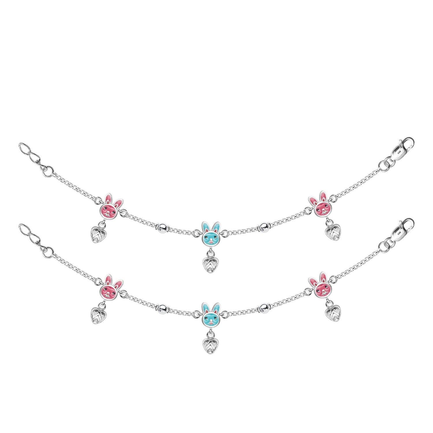 925 Sterling Silver Enameled Rabbit Modern Anklets for Kids 4 to 8 Year Girls