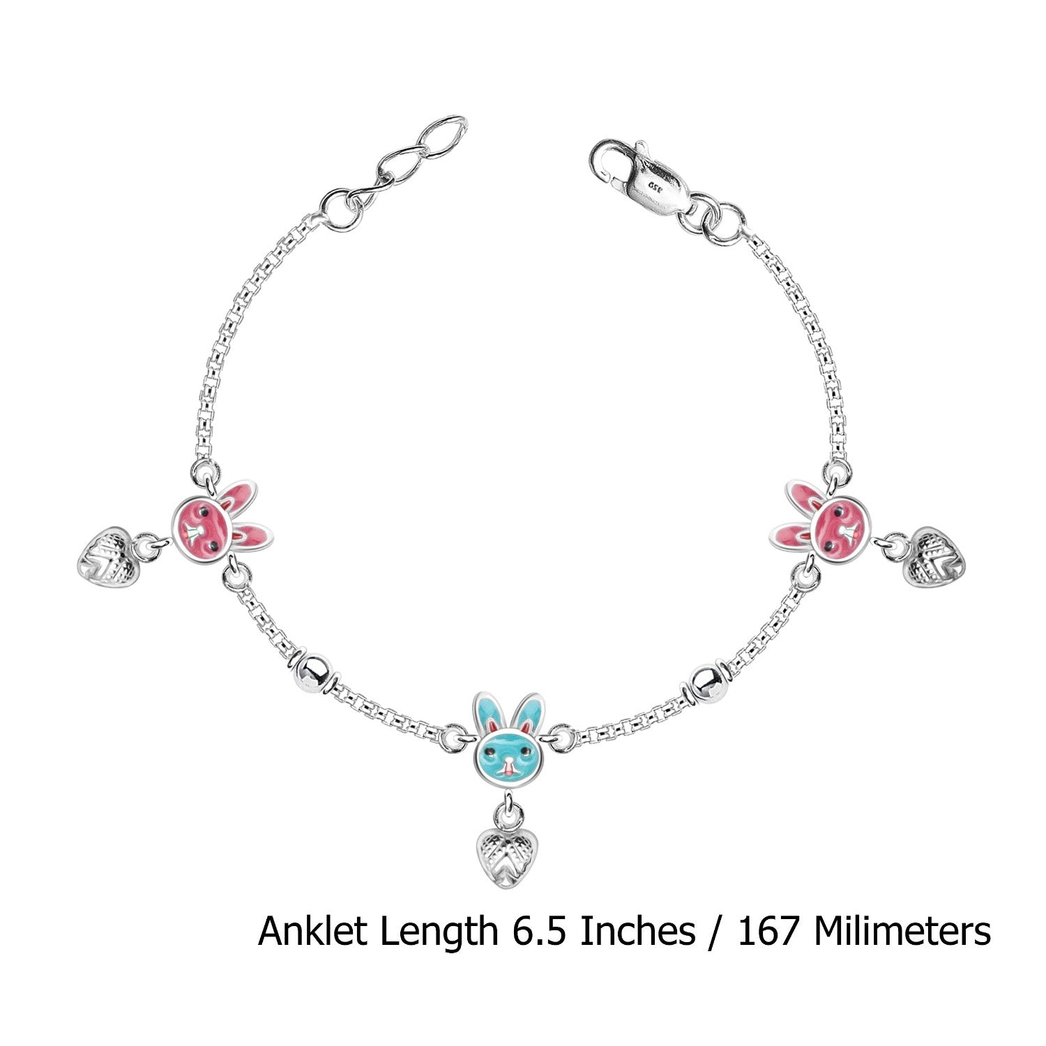 925 Sterling Silver Enameled Rabbit Modern Anklets for Kids 4 to 8 Year Girls