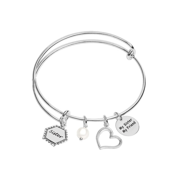 925 Sterling Silver Heart Pearl Expandable Wire Multi-Charm Bangle Bracelet for Women