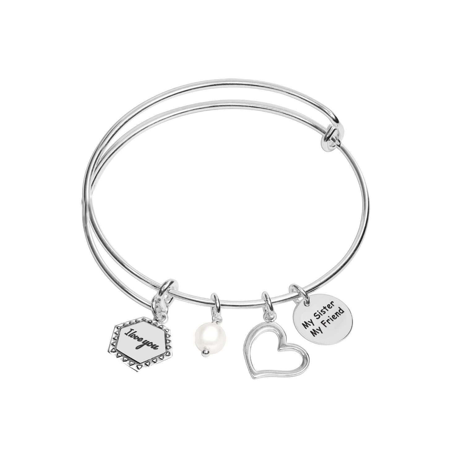 925 Sterling Silver I Love You Expandable Multi-Charm Bangle Bracelet for Women