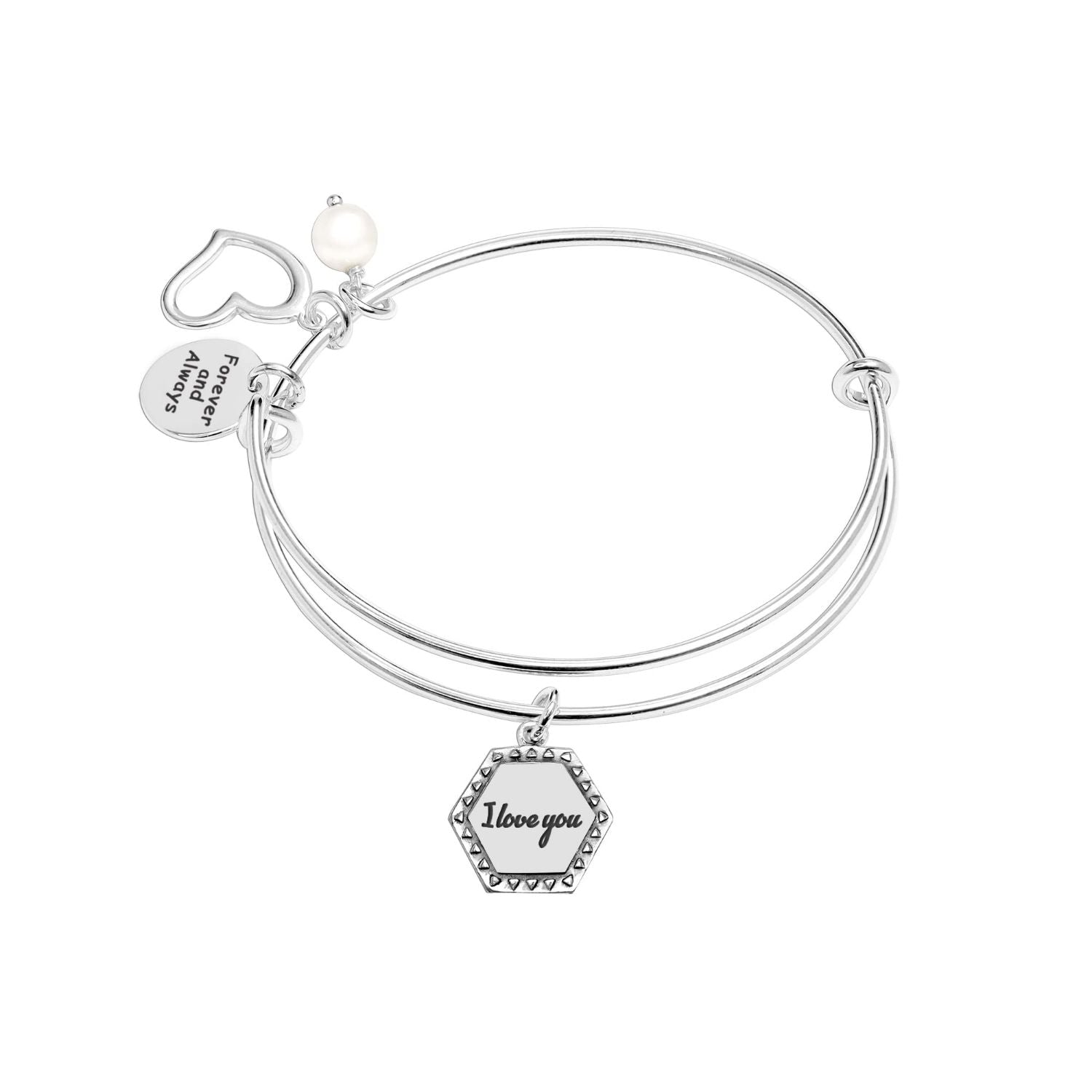 925 Sterling Silver I Love You Expandable Multi-Charm Bangle Bracelet for Women