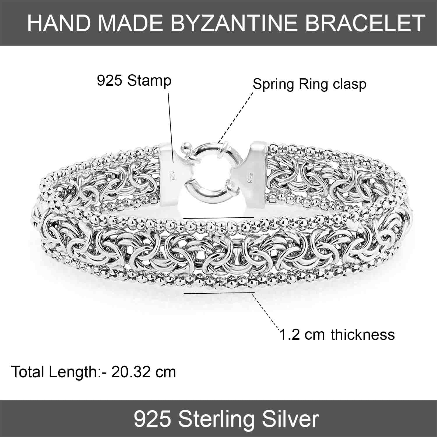 925 Sterling Silver Byzantine Beaded Mesh Link Chain Bracelet for Women 20 CM