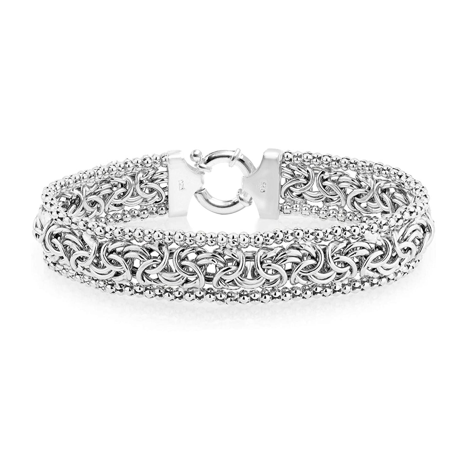 925 Sterling Silver Byzantine Beaded Mesh Link Chain Bracelet for Women 20 CM