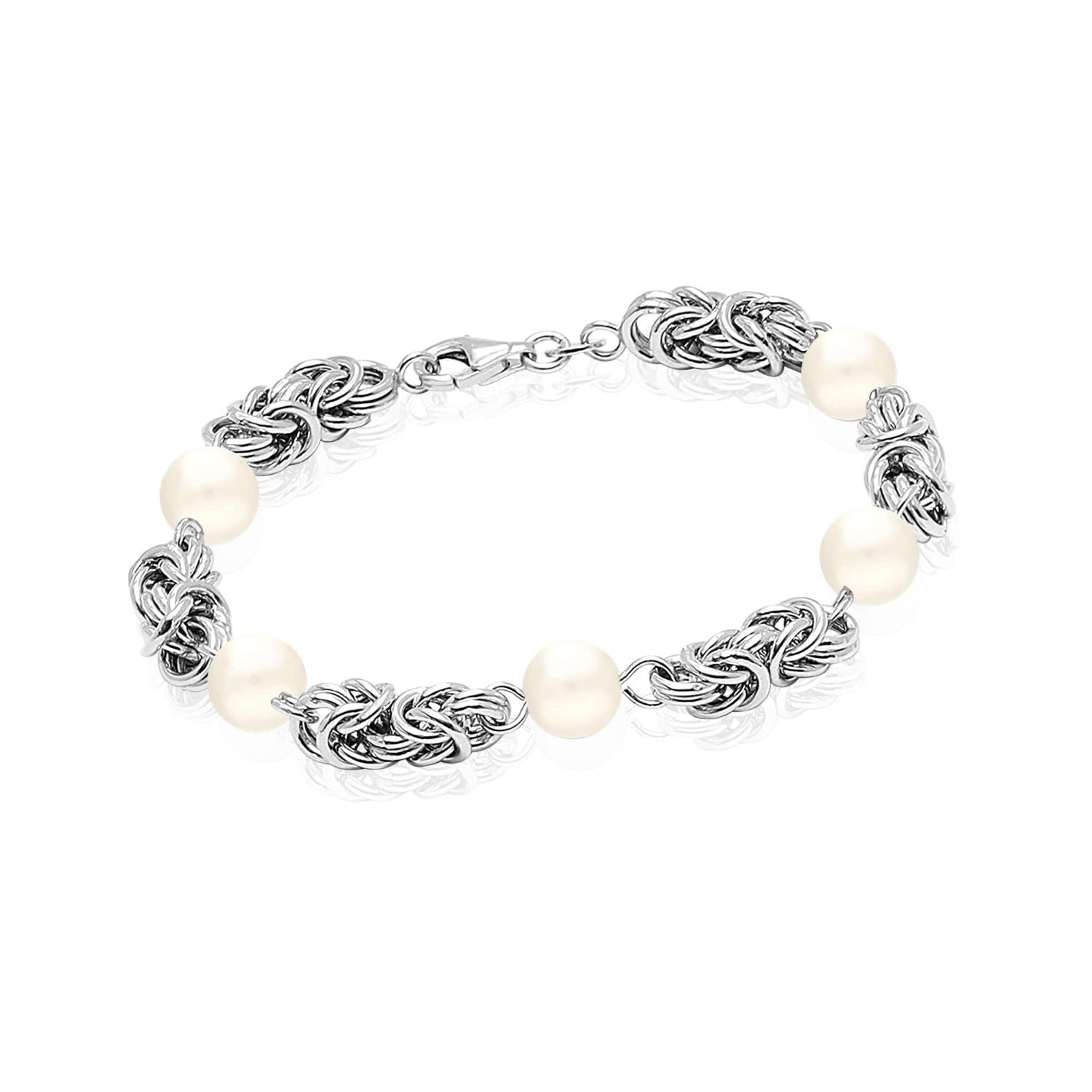 925 Sterling Silver Pearl Byzantine Station Bracelet for Women