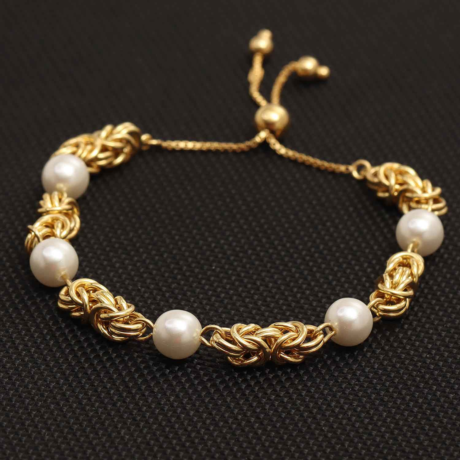 925 Sterling Silver Gold Plated Byzantine Link Bolo Pearl Bracelet for Women