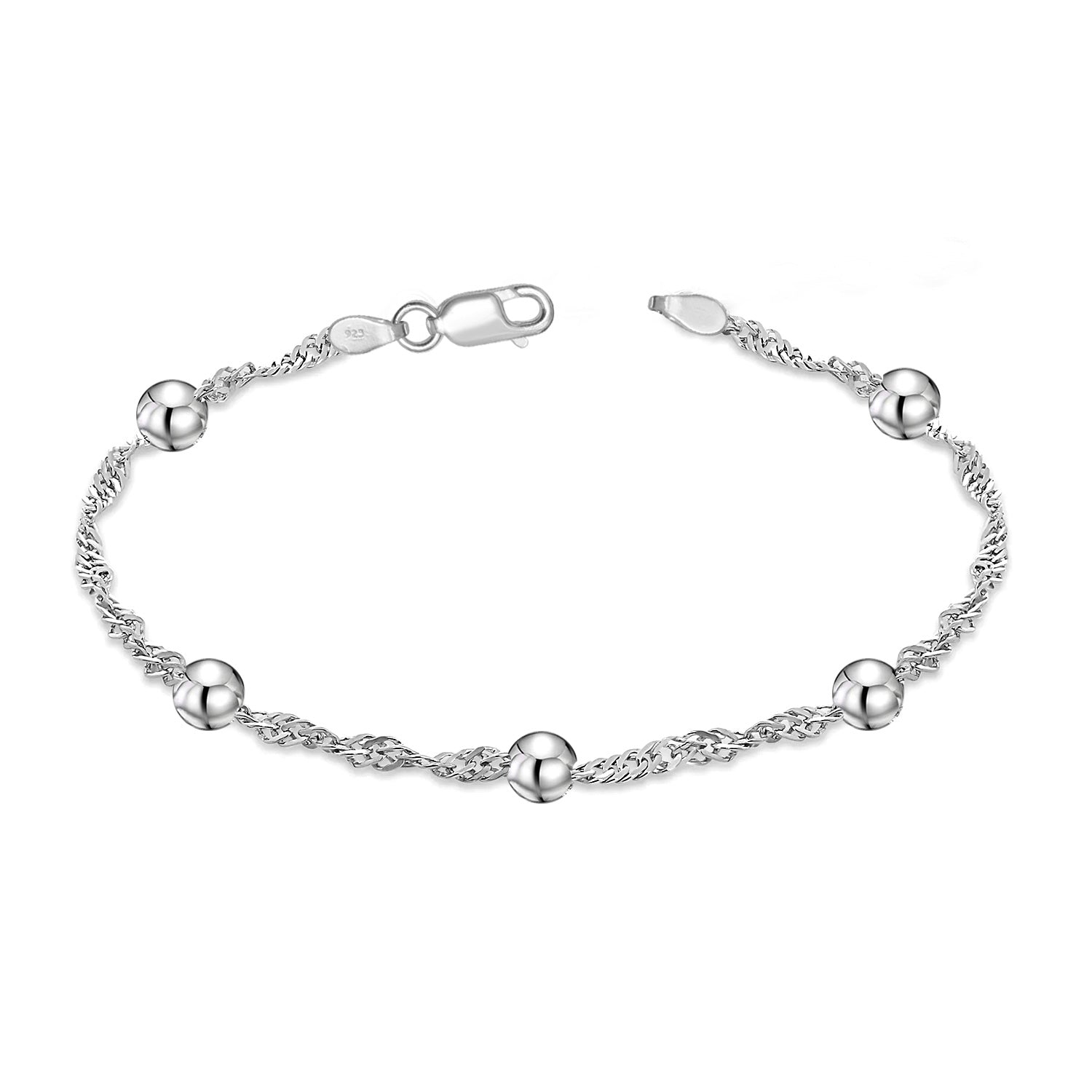 925 Sterling Silver Classic Beaded Station Bracelet Singapore Chain Bracelet with 0.4 CM Ball Beads for Women