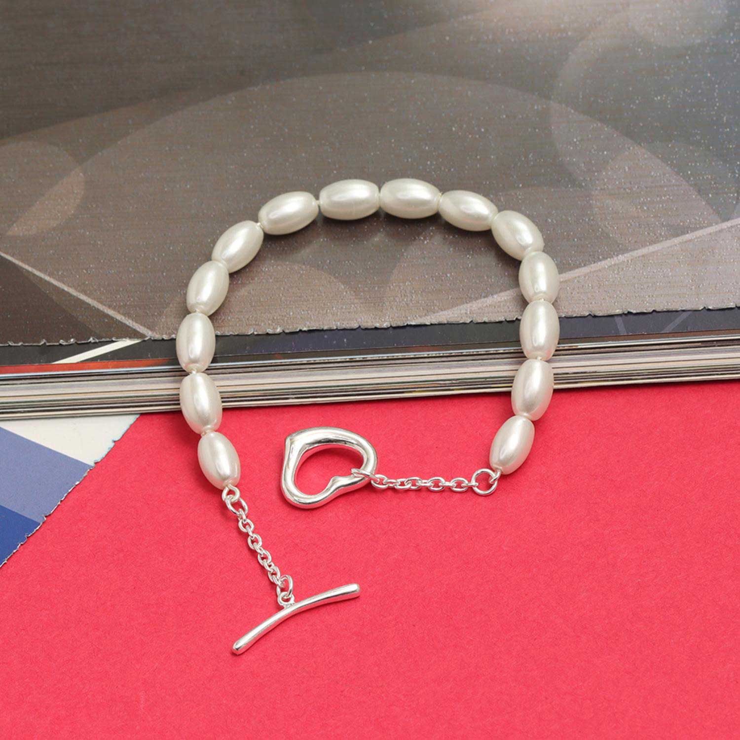 925 Sterling Silver Open Heart Pearl Bracelet for Teen and Women