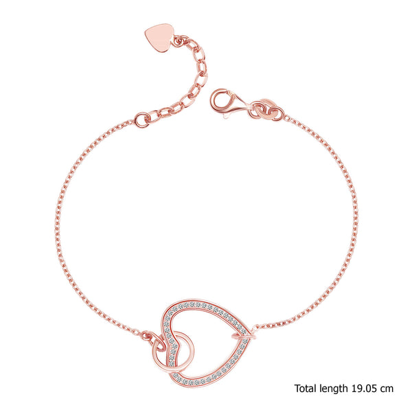 925 Sterling Silver 14K Rose Gold Plated CZ Intertwined Open Heart Circle Bracelet for Women