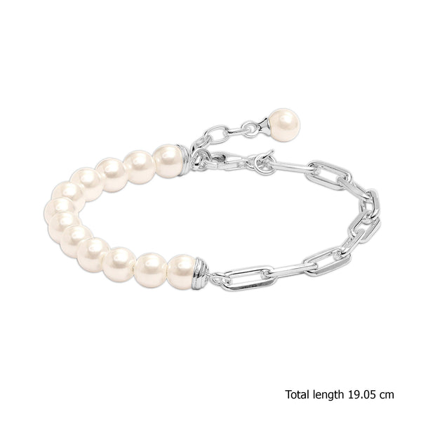 925 Sterling Silver Paperclip Link Pearl Bracelet for Women and Girls