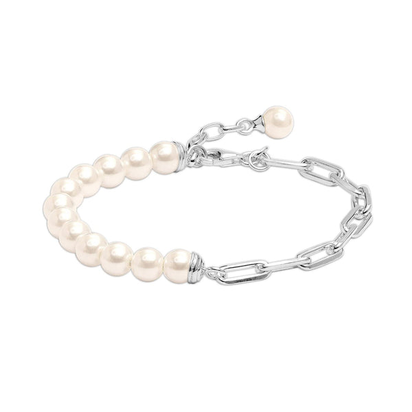 925 Sterling Silver Paperclip Link Pearl Bracelet for Women and Girls