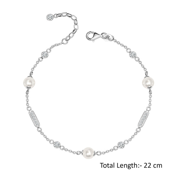 925 Sterling Silver CZ Pearl Station Bracelet for Women and Girls