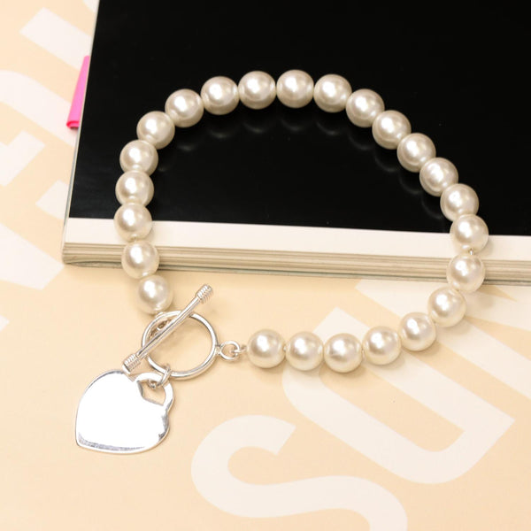 925 Sterling Silver Heart Charm Disc Pearl Bracelet for Women and Girls