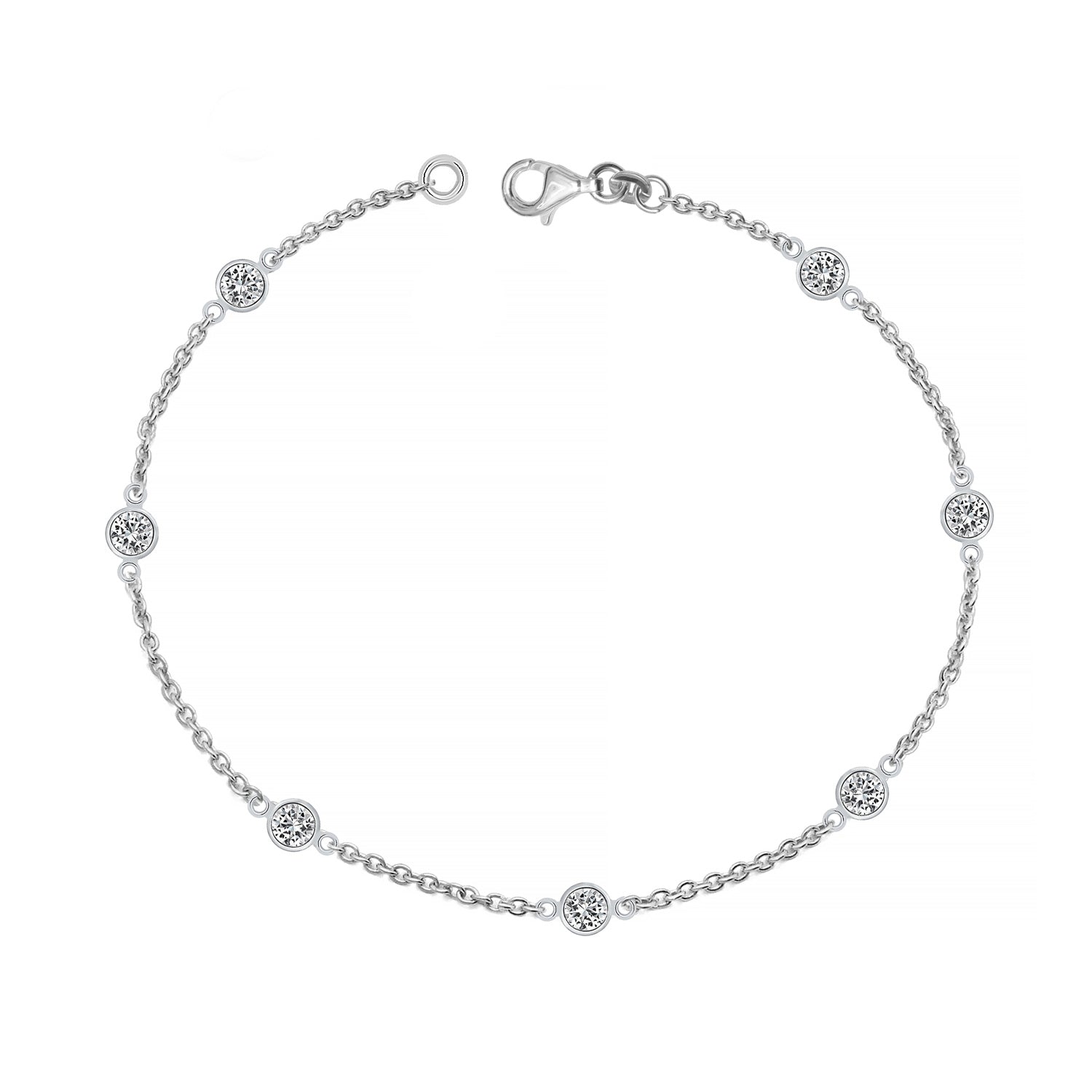 925 Sterling Silver Cubic Zirconia Classic Minimalist Cable Chain Bezel-Set Station Bracelet for Women