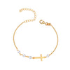 925 Sterling Silver 14K Gold Plated Sideways Cross Simulated Pearl Bracelet for Women