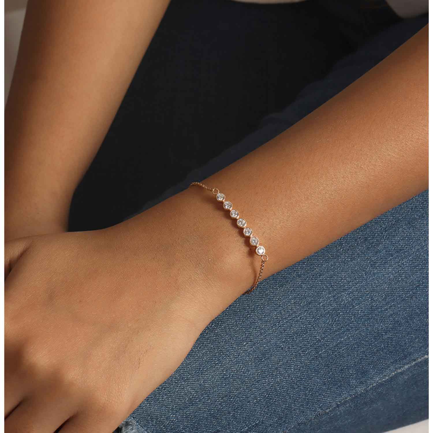 925 Sterling Silver 14K Rose Gold Plated CZ Adjustable Bubble Bracelet for Women