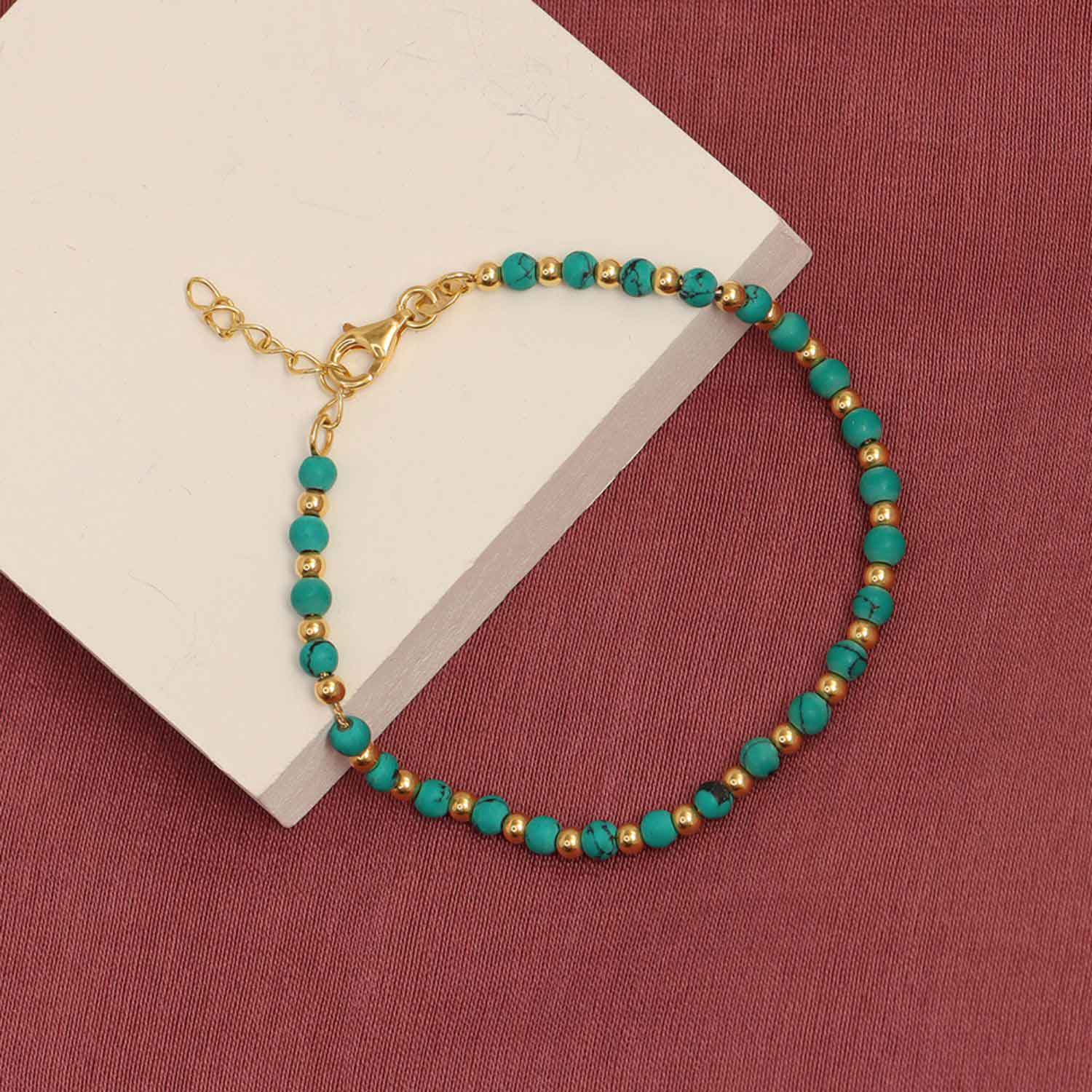 925 Sterling Silver 14K Gold Plated Ball Bead Turquoise Gemstone Bracelet for Women